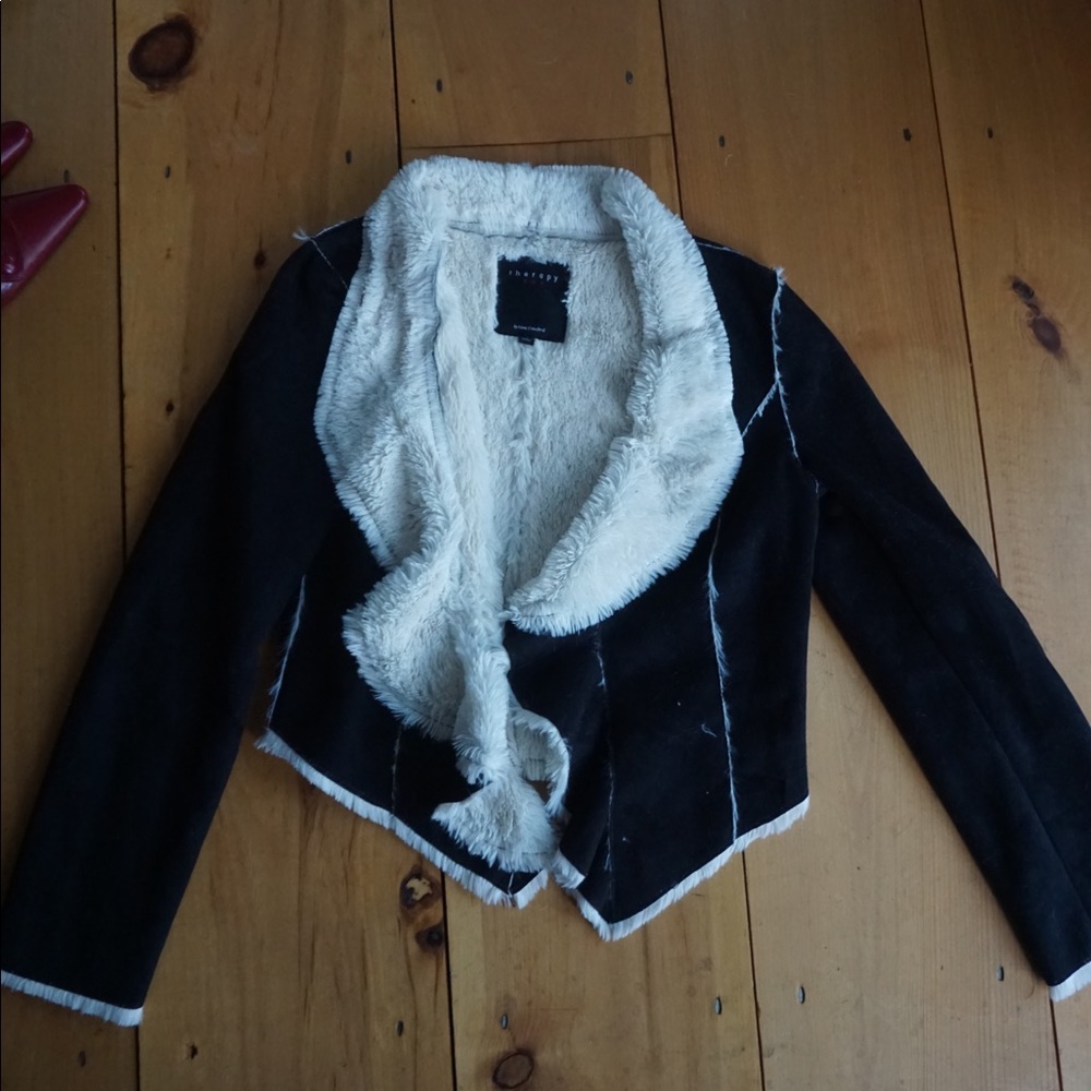Black Sherpa jacket with ruffle collar